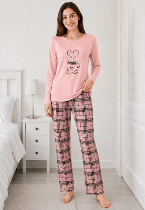 Pijama damă Serena cu bluză cu maneca lunga și pantaloni lung -Roz,Engros